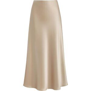 Women's Champagne Satin Waisted Hidden Elasticized Waistband A Line Maxi Skirt